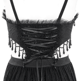 Black Lace Corset Dress with Rose Detail and Flowing Skirt