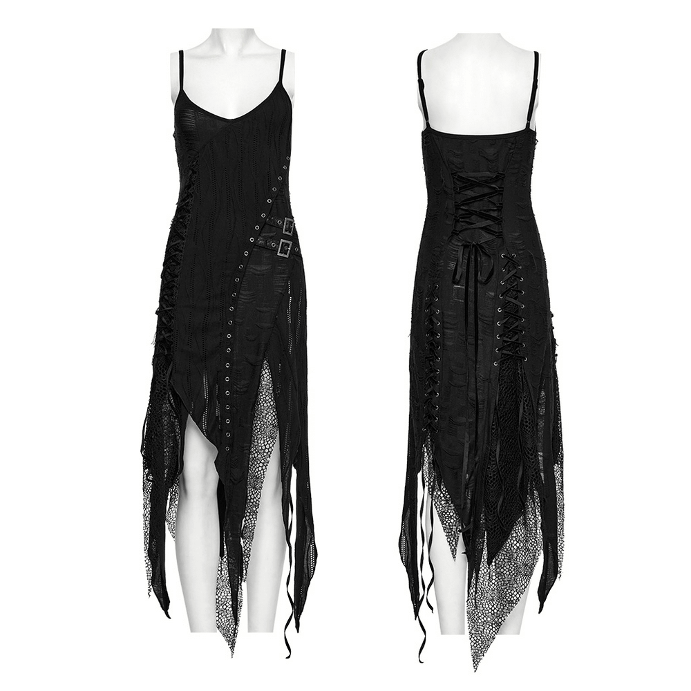Black Lace Dress with Asymmetrical Hem and Metal Eyelets