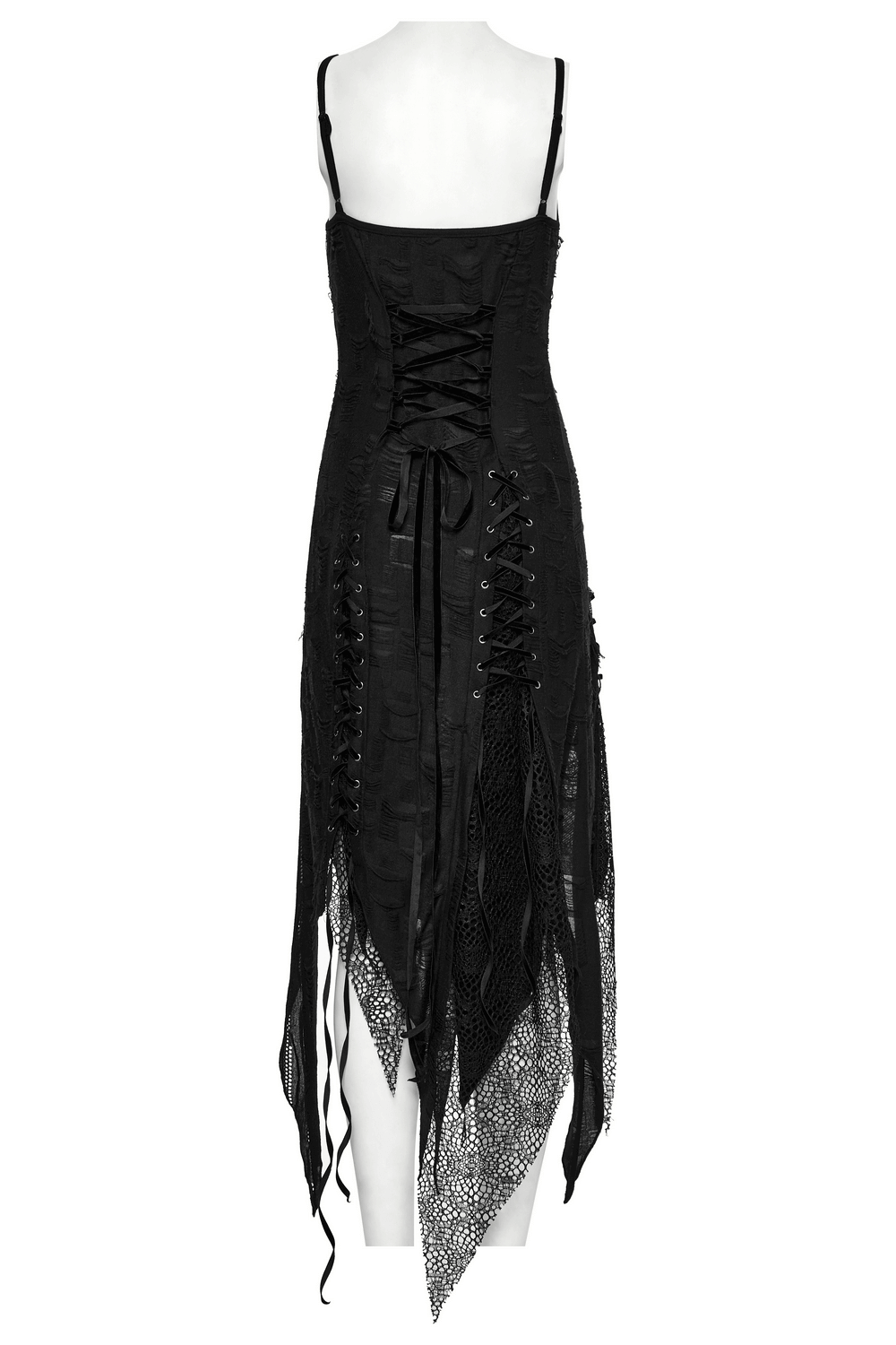Black Lace Dress with Asymmetrical Hem and Metal Eyelets