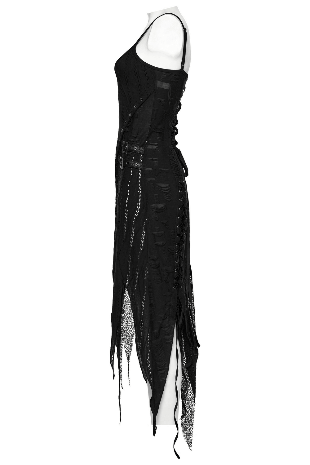 Black Lace Dress with Asymmetrical Hem and Metal Eyelets