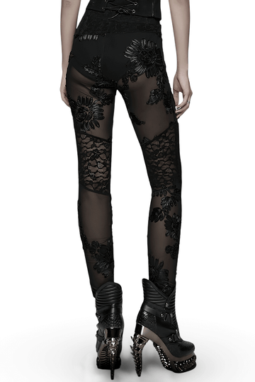 Black Lace Leggings with Mesh Panels and Floral Embroidery
