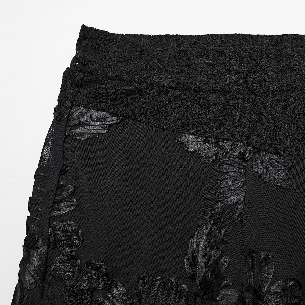 Black Lace Leggings with Mesh Panels and Floral Embroidery