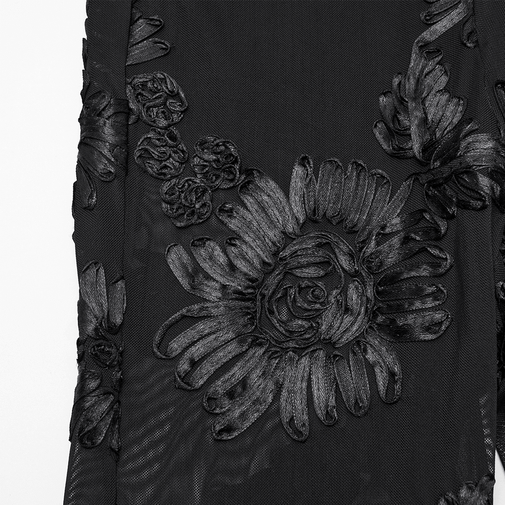 Black Lace Leggings with Mesh Panels and Floral Embroidery