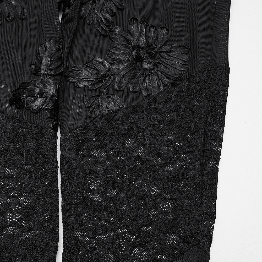 Black Lace Leggings with Mesh Panels and Floral Embroidery