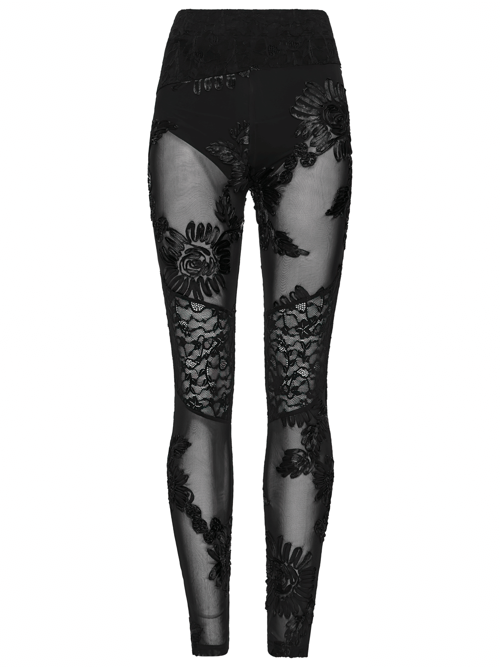 Black Lace Leggings with Mesh Panels and Floral Embroidery