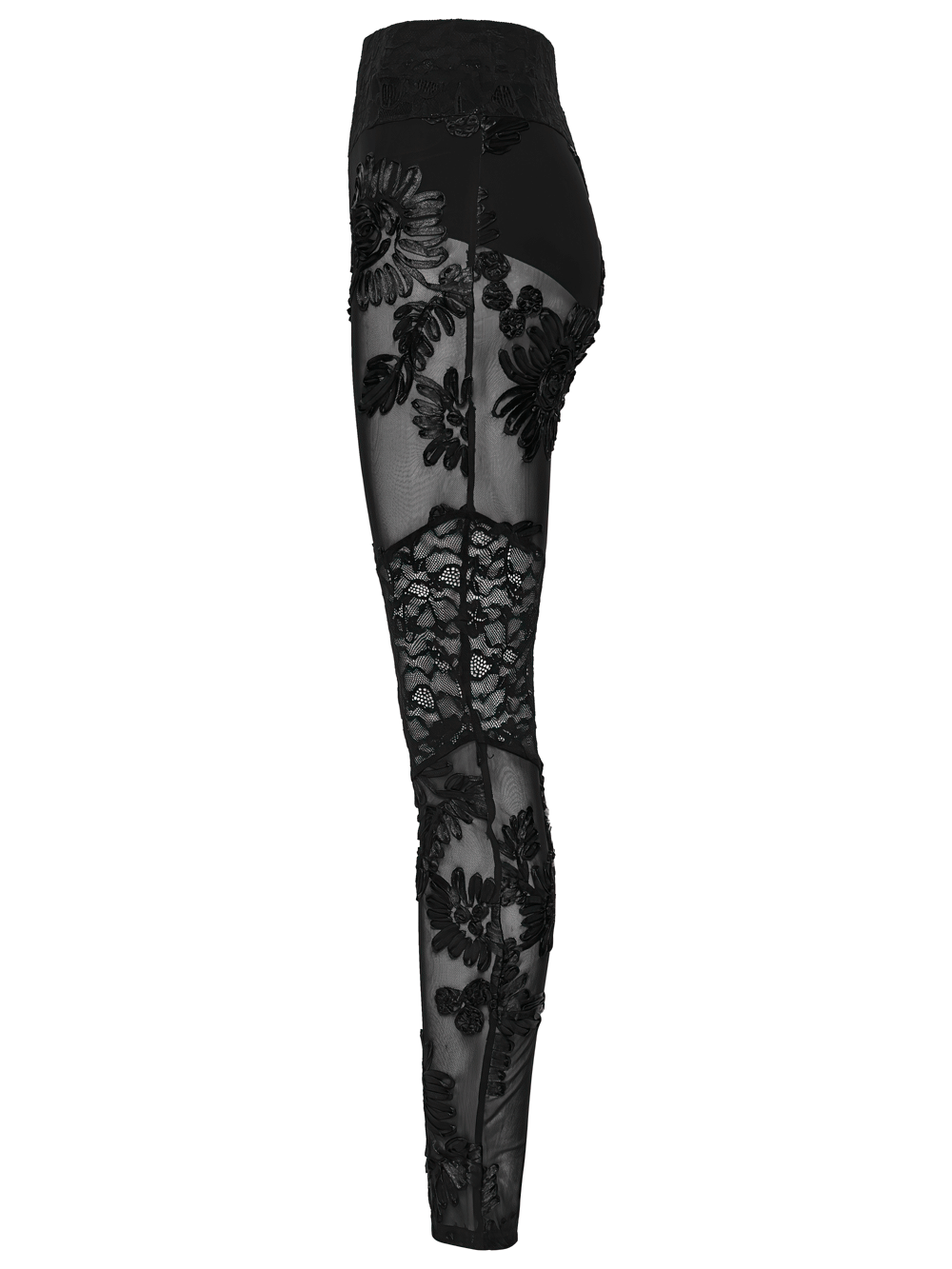 Black Lace Leggings with Mesh Panels and Floral Embroidery