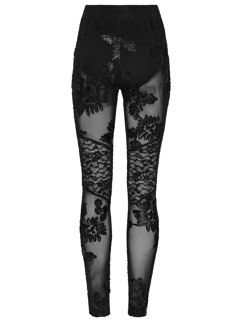 Black Lace Leggings with Mesh Panels and Floral Embroidery