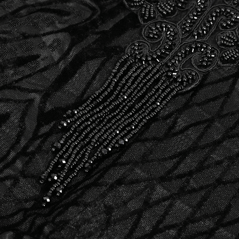 Black Lace Top with Tasseled Long Flared Sleeves for Women