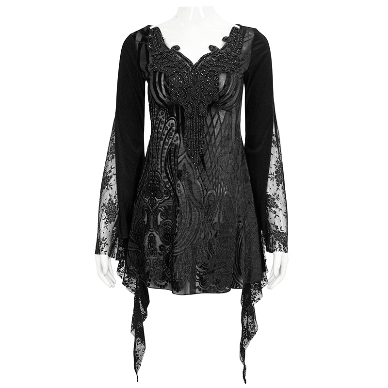 Black Lace Top with Tasseled Long Flared Sleeves for Women