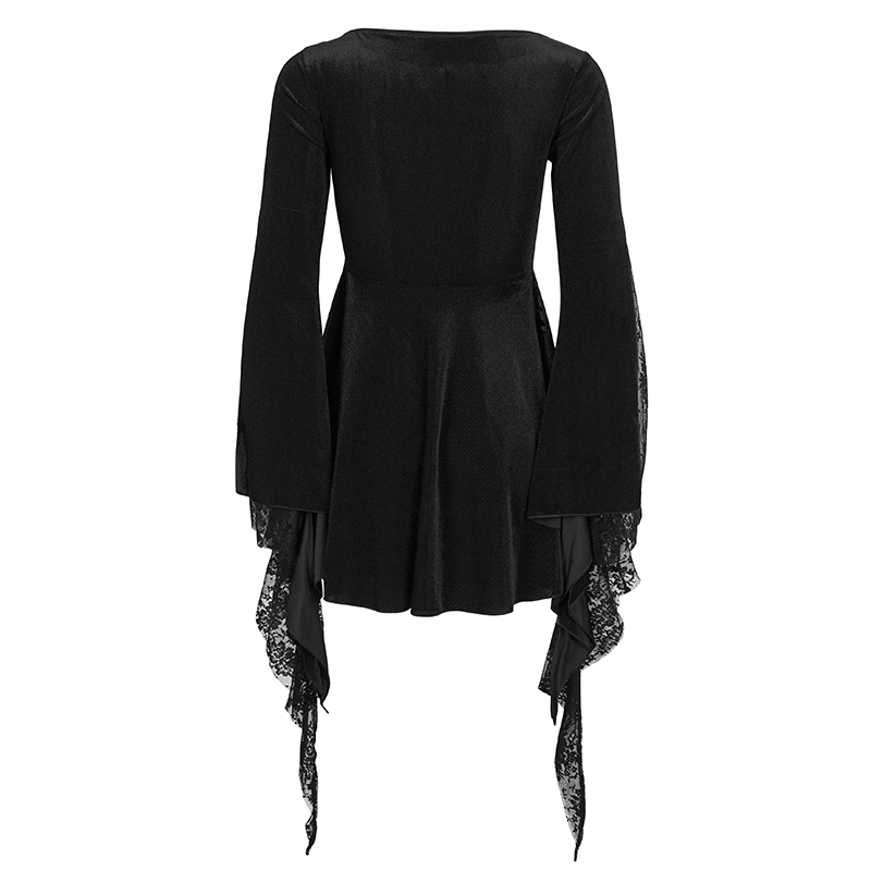 Black Lace Top with Tasseled Long Flared Sleeves for Women