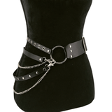 Black Leather Belt with Chain Strap and Metal Ring / Women Accessories in Fetish Fashion - EVE's SECRETS