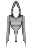 Black Mesh Bodysuit with Long Sleeves and Attached Hood