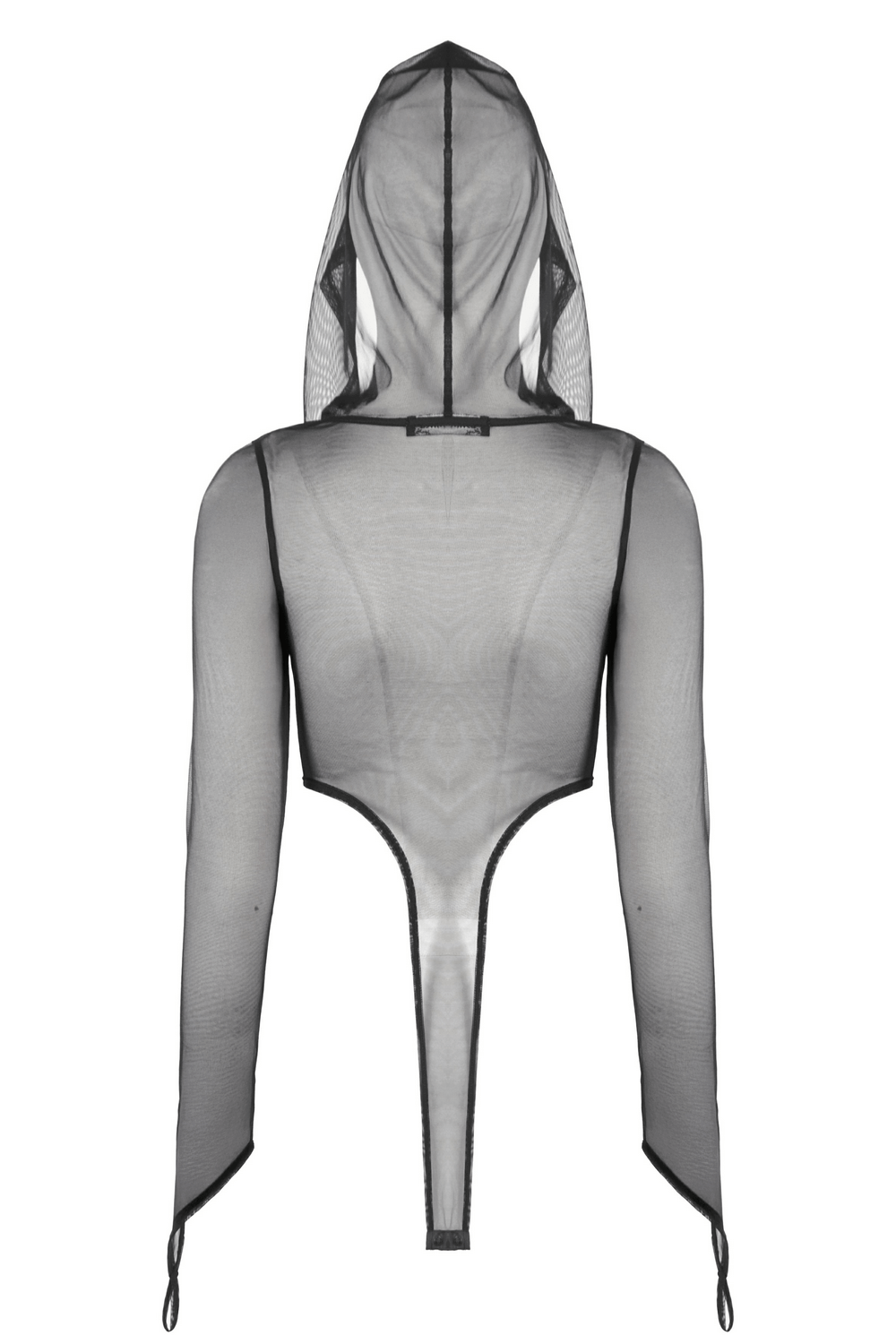 Black Mesh Bodysuit with Long Sleeves and Attached Hood