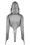 Black Mesh Bodysuit with Long Sleeves and Attached Hood