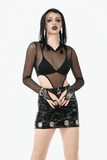 Black Mesh Bodysuit with Long Sleeves and Attached Hood