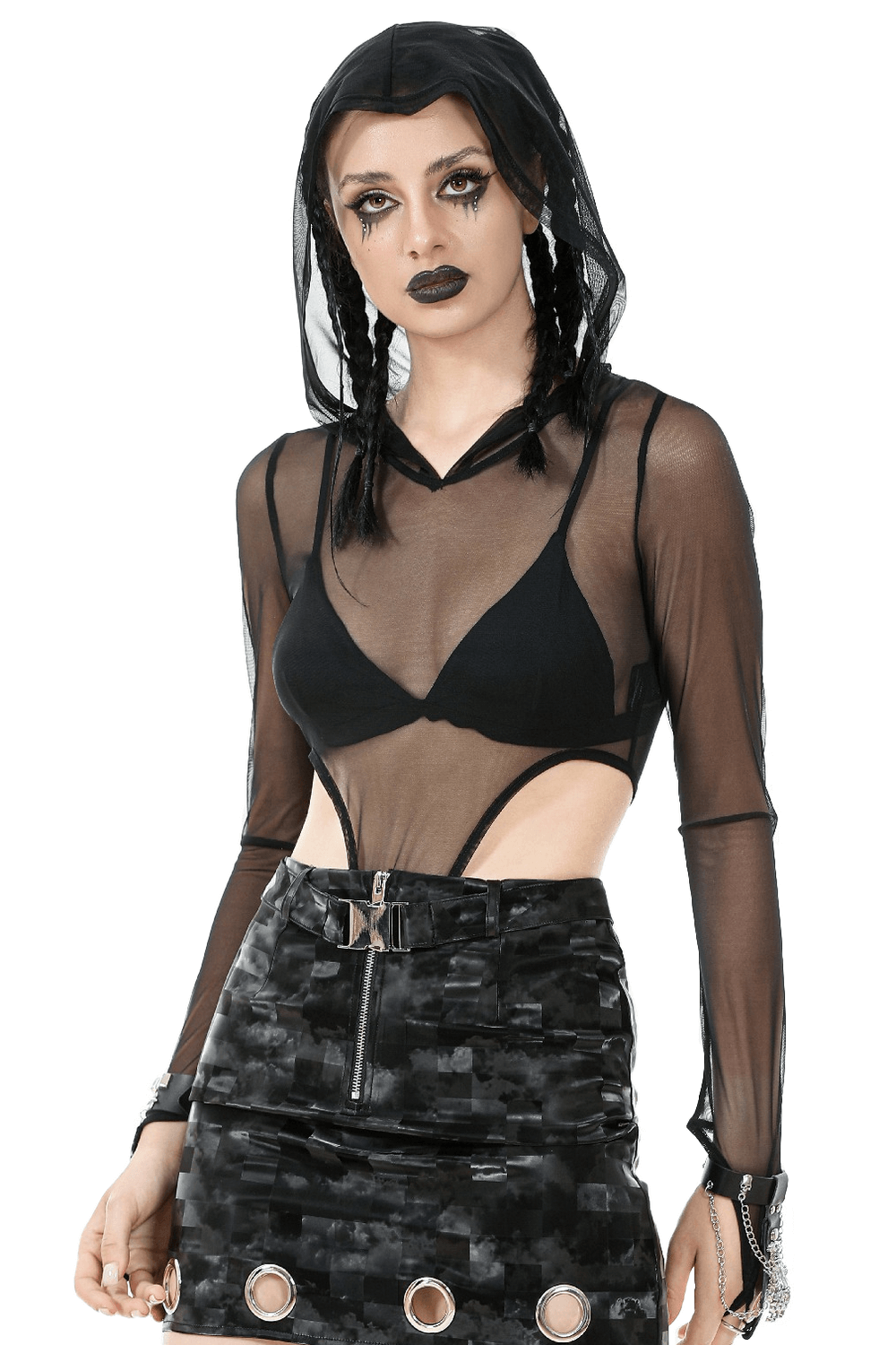 Black Mesh Bodysuit with Long Sleeves and Attached Hood
