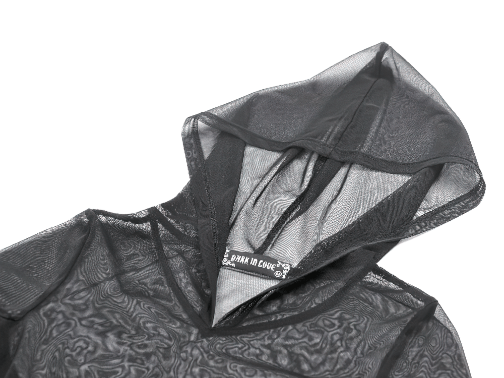 Black Mesh Bodysuit with Long Sleeves and Attached Hood