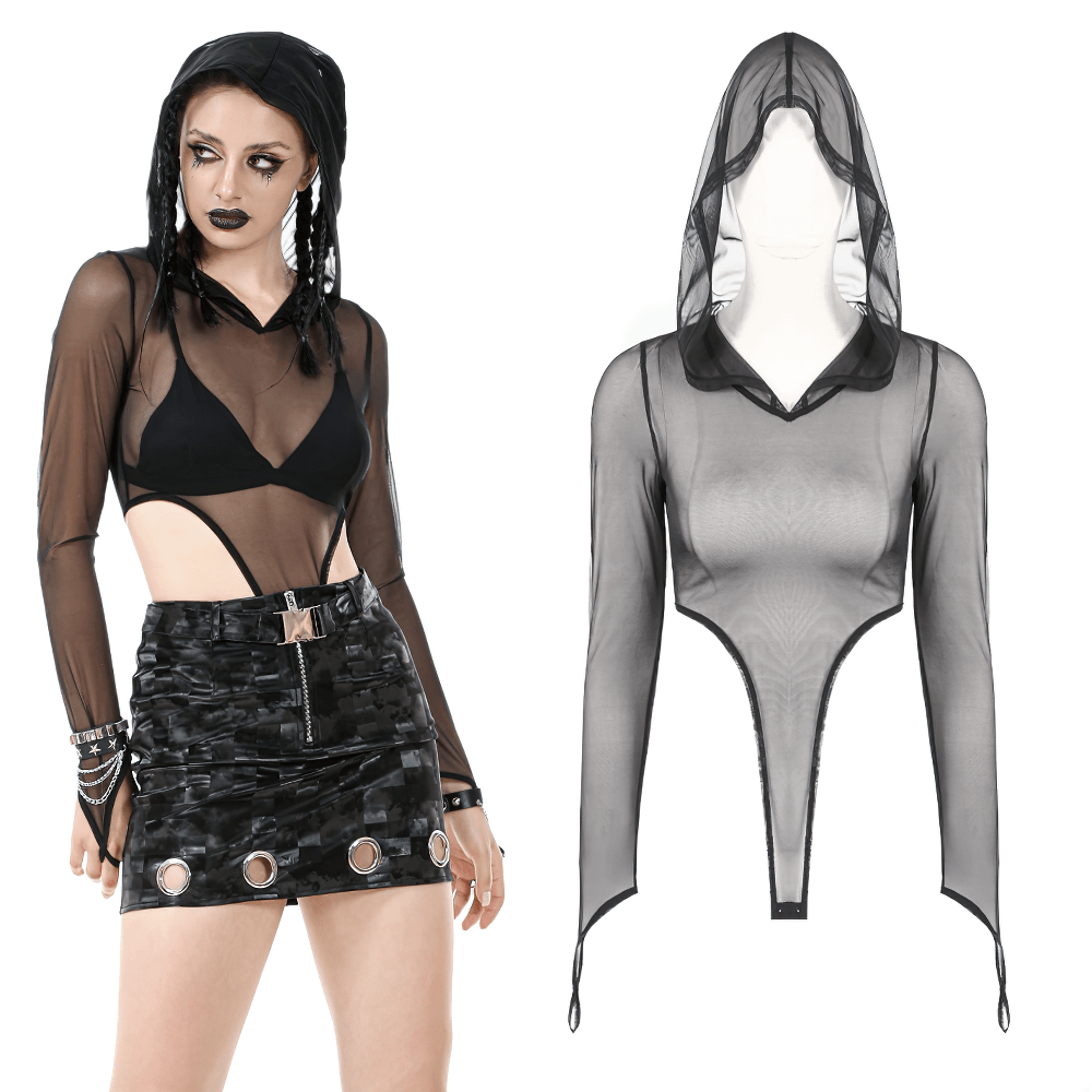 Black Mesh Bodysuit with Long Sleeves and Attached Hood