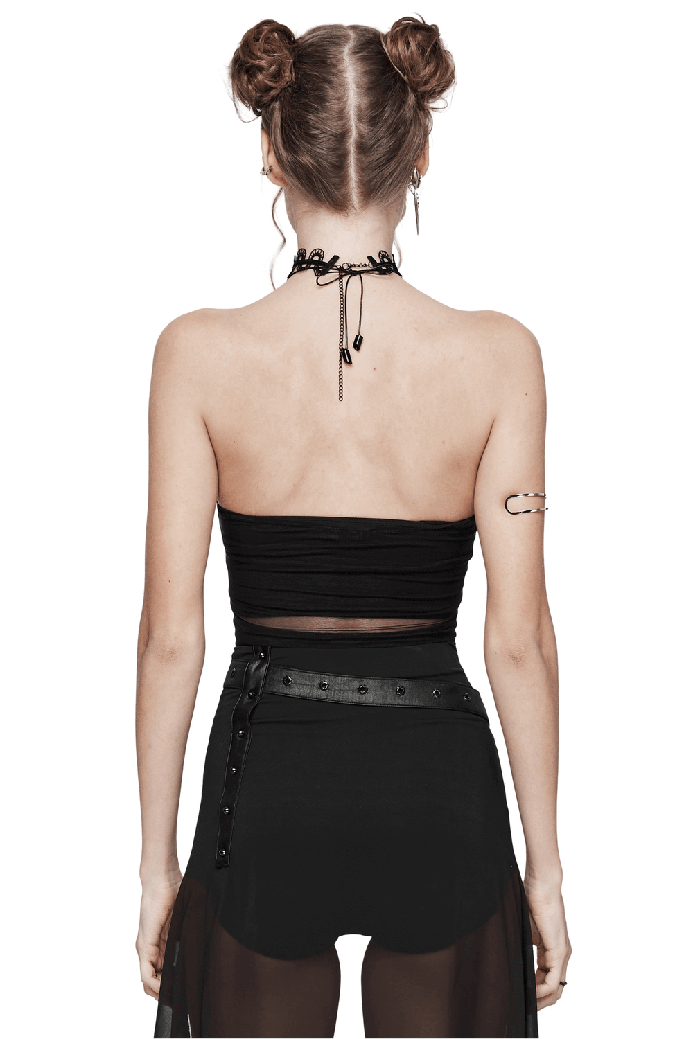 Black Mesh Halter Top with Embroidered Gothic Skeleton