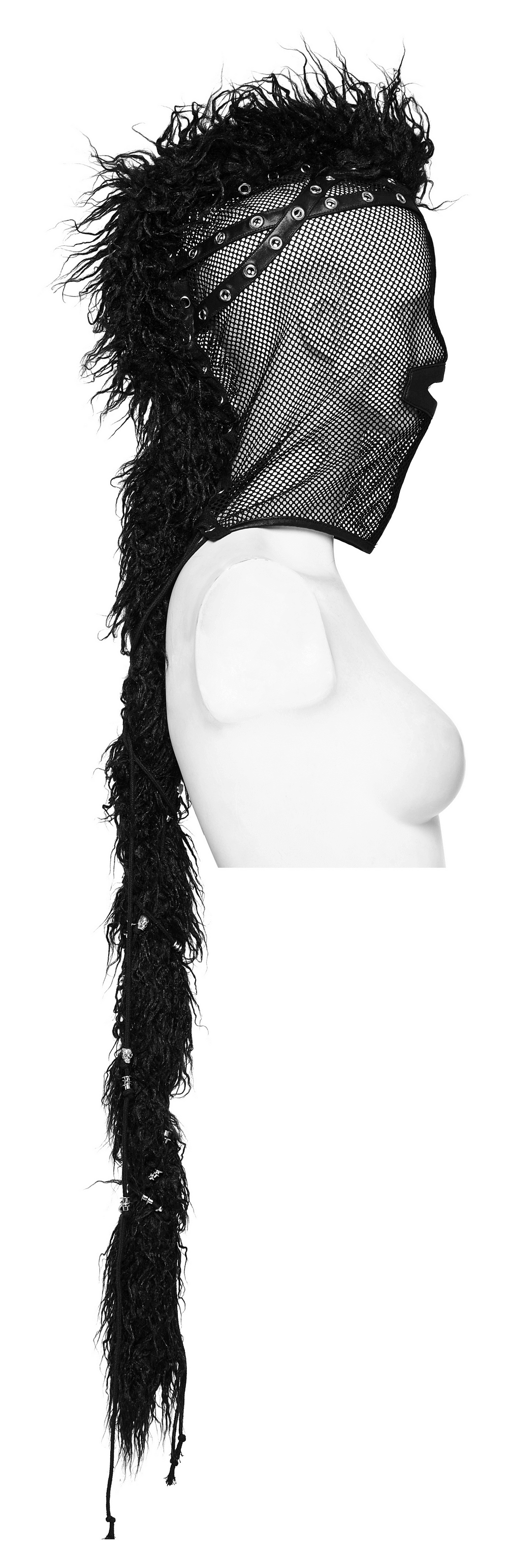 Black Mesh Hood with Mohawk Ponytail for an Edgy Look