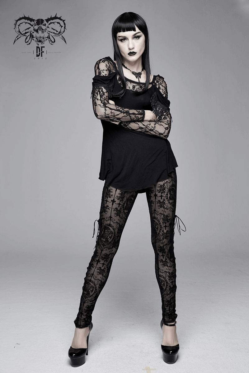 Black Mesh Leggings: Lace-Up / Gothic High-Waist Leggings