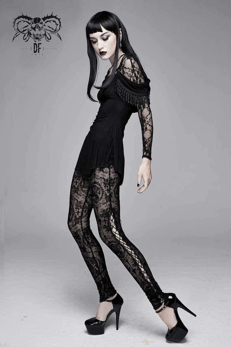 Black Mesh Leggings: Lace-Up / Gothic High-Waist Leggings