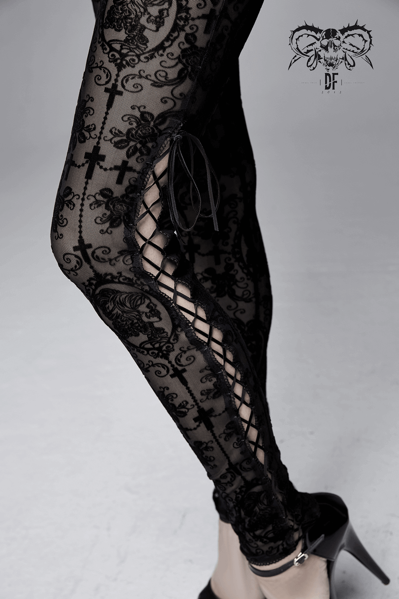 Black Mesh Leggings: Lace-Up / Gothic High-Waist Leggings