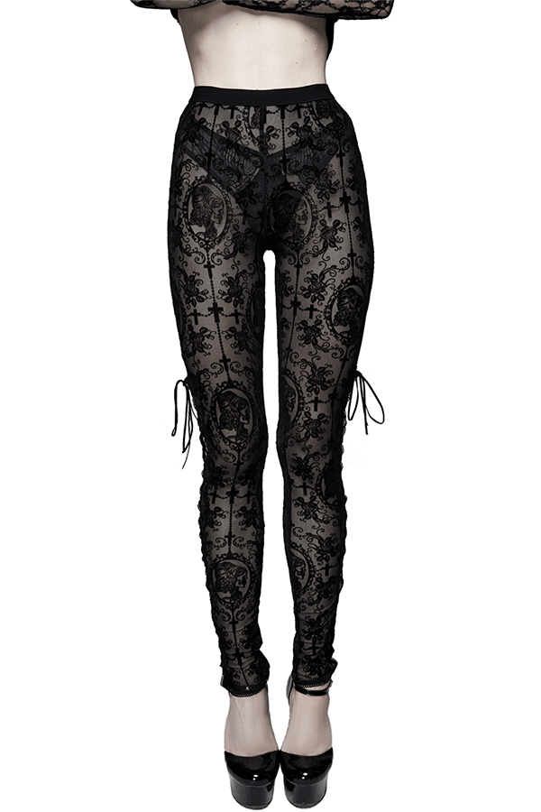 Black Mesh Leggings: Lace-Up / Gothic High-Waist Leggings