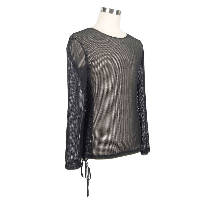 Black Mesh Long Sleeve Top / Gothic Men's Lace-up Side Tops