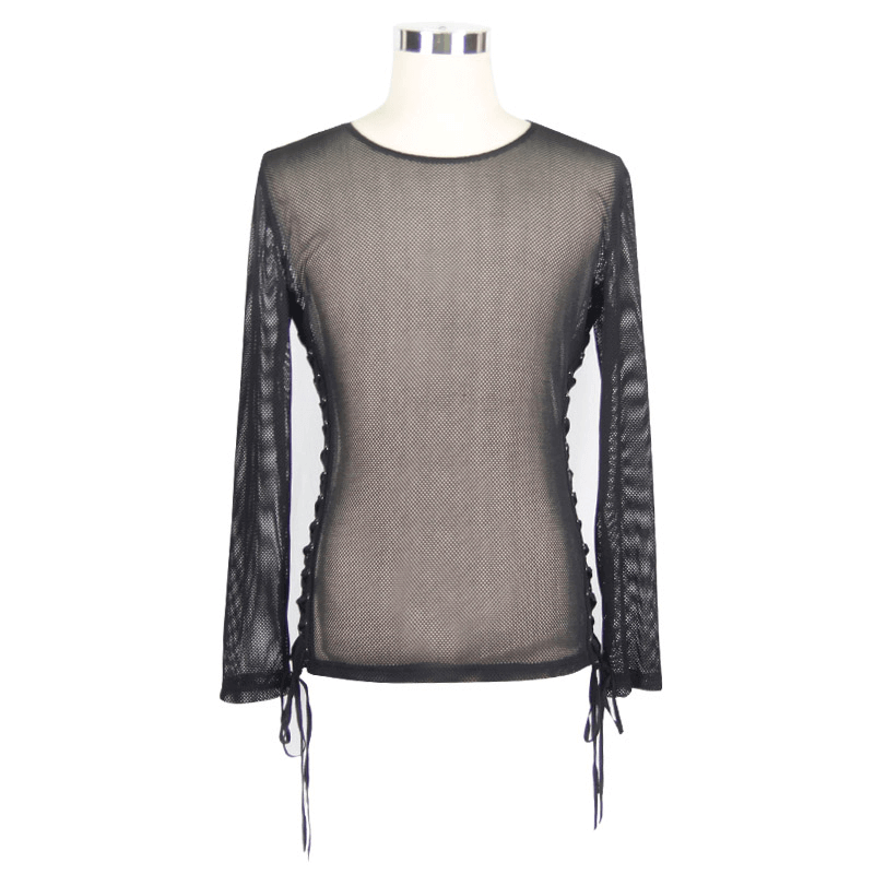 Black Mesh Long Sleeve Top / Gothic Men's Lace-up Side Tops