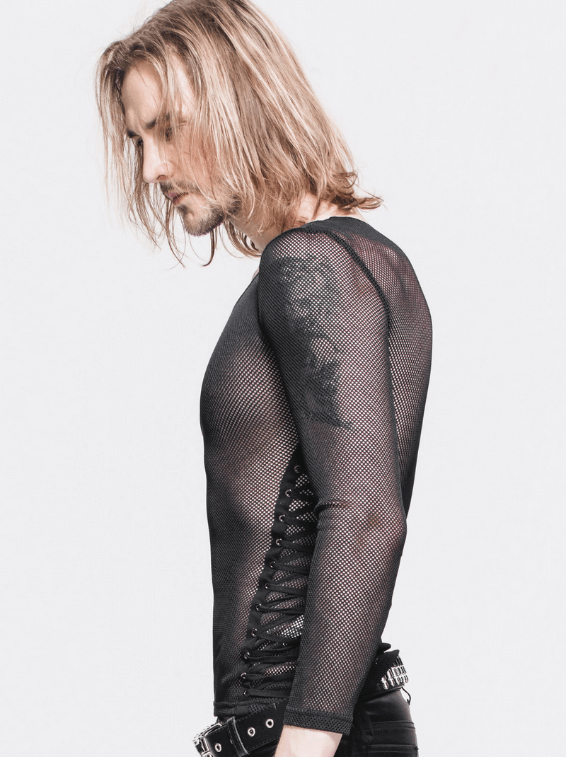 Black Mesh Long Sleeve Top / Gothic Men's Lace-up Side Tops