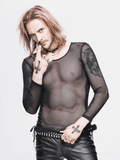 Black Mesh Long Sleeve Top / Gothic Men's Lace-up Side Tops