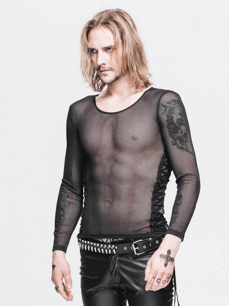 Black Mesh Long Sleeve Top / Gothic Men's Lace-up Side Tops