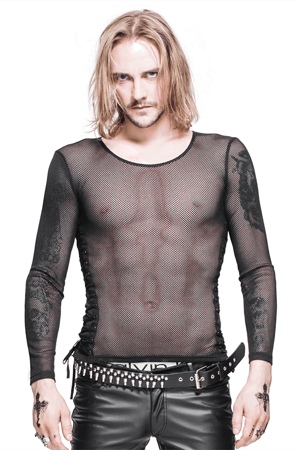 Black Mesh Long Sleeve Top / Gothic Men's Lace-up Side Tops