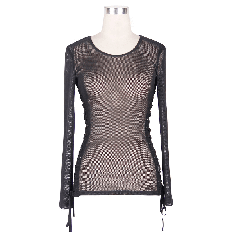 Black Mesh Long Sleeve Top / Women's Lace-up Side Tops