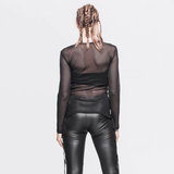 Black Mesh Long Sleeve Top / Women's Lace-up Side Tops