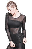 Black Mesh Long Sleeve Top / Women's Lace-up Side Tops