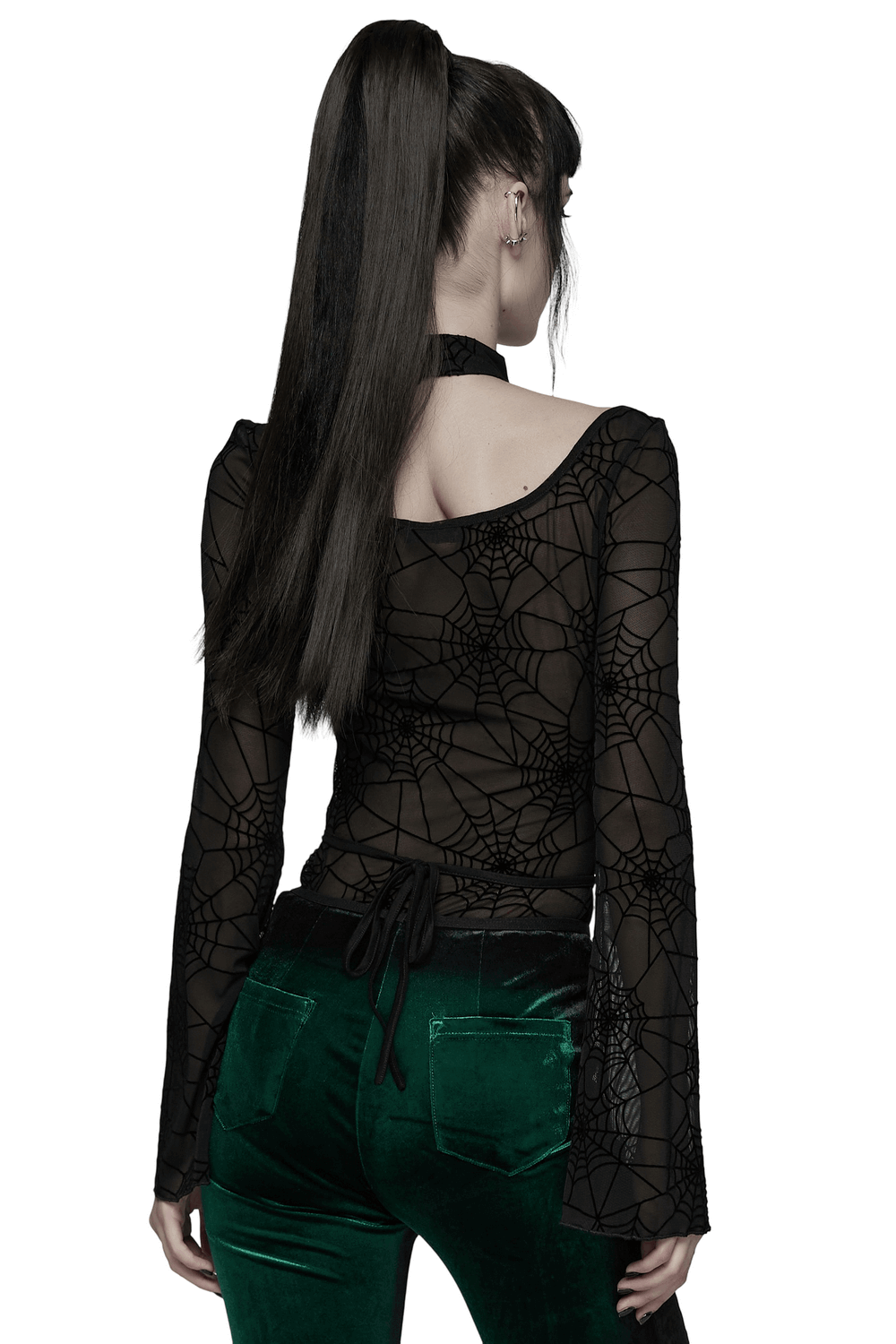 Black Mesh Top with Long Sleeves and Spider Web Pattern