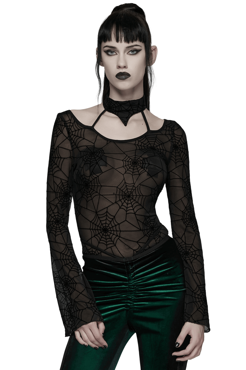 Black Mesh Top with Long Sleeves and Spider Web Pattern