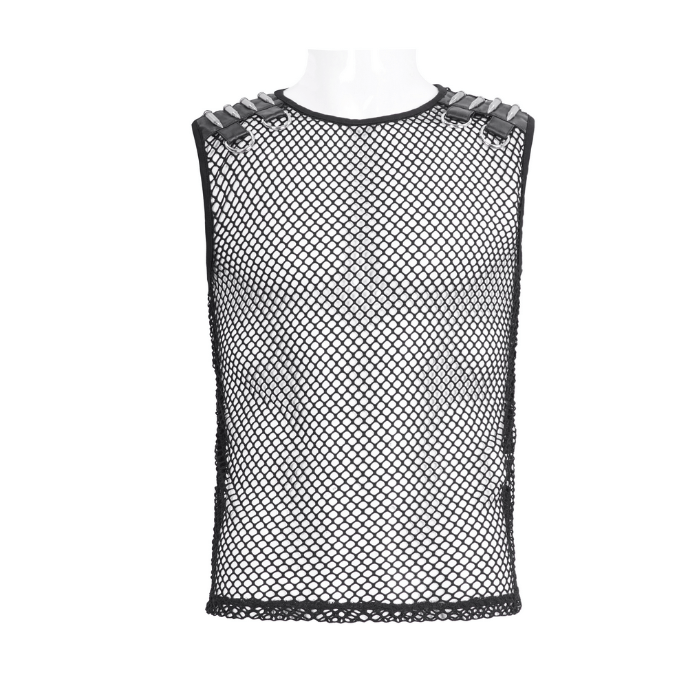 Black Net Tank Top with Studded Shoulder Straps