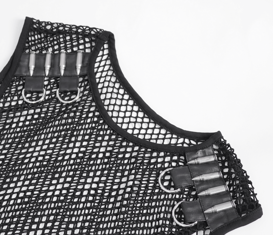 Black Net Tank Top with Studded Shoulder Straps