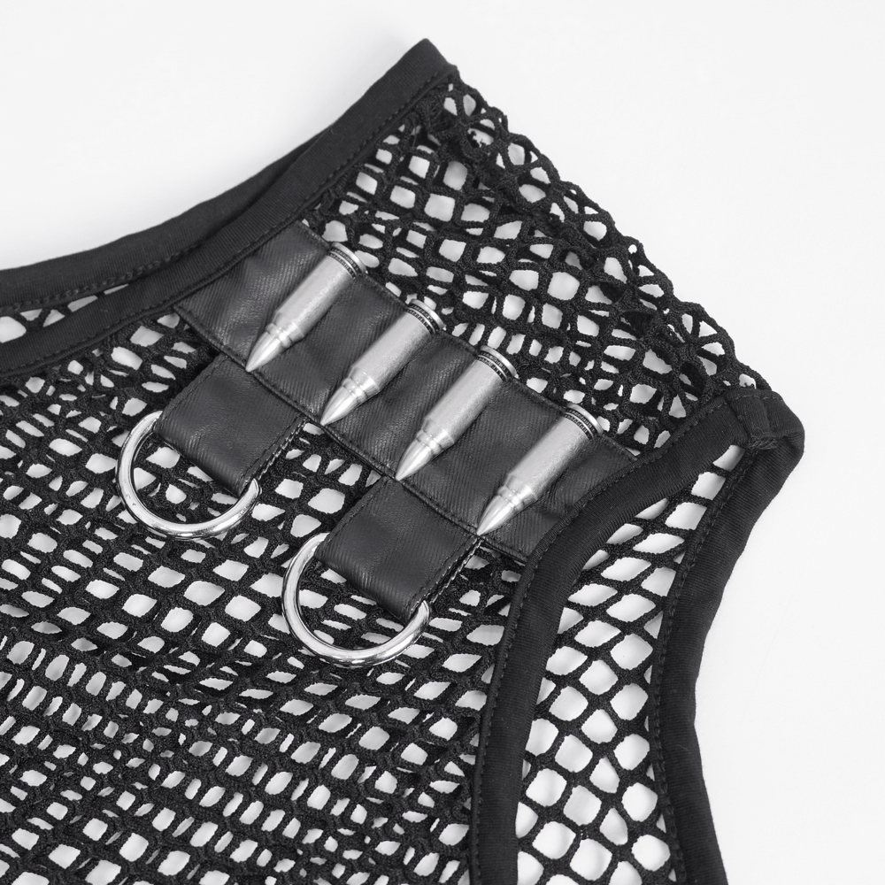 Black Net Tank Top with Studded Shoulder Straps