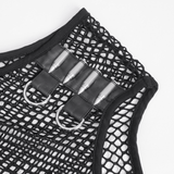 Black Net Tank Top with Studded Shoulder Straps