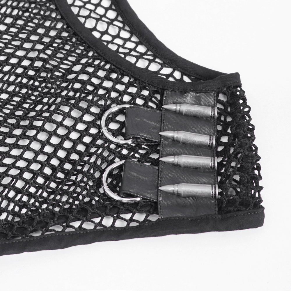 Black Net Tank Top with Studded Shoulder Straps