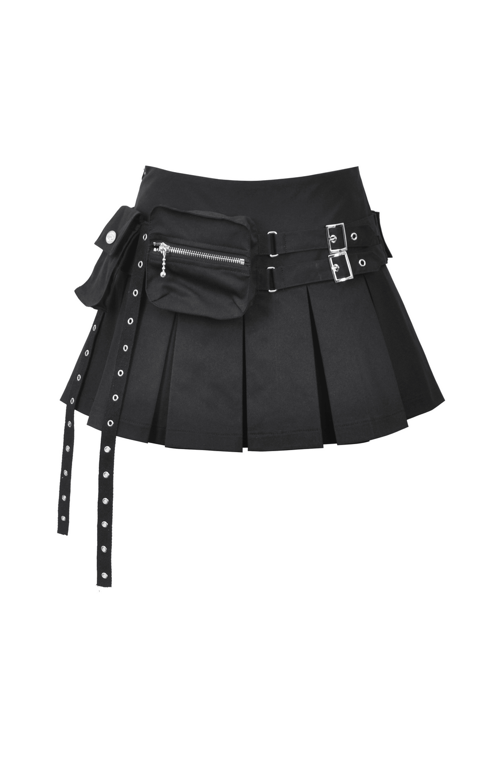 Black Pleated Mini Skirt with Buckle and Side Zipper