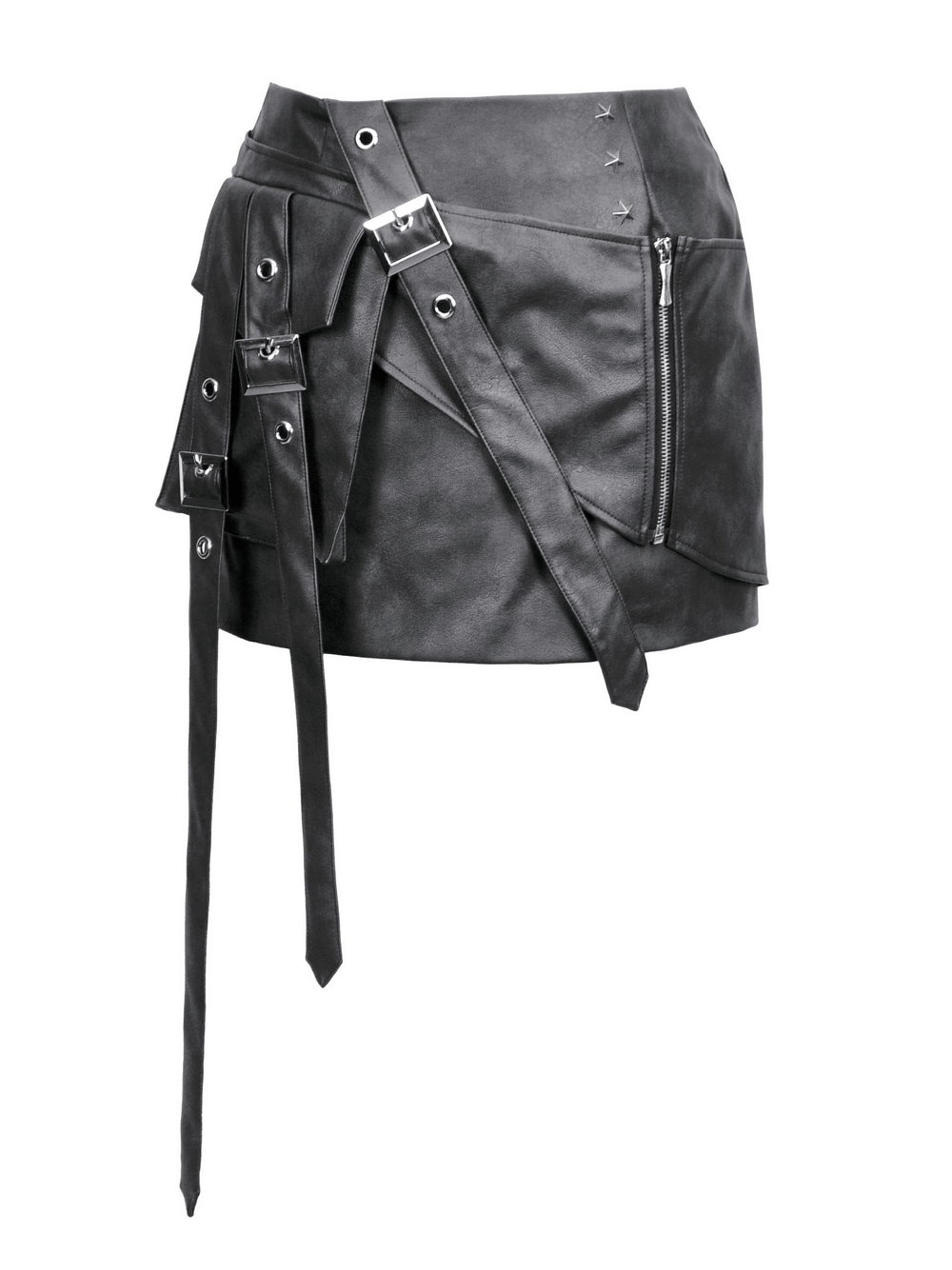 Black Punk Mini Skirt in Faux Leather with Strap Belts