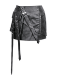 Black Punk Mini Skirt in Faux Leather with Strap Belts