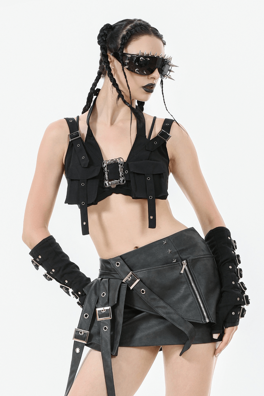 Black Punk Mini Skirt in Faux Leather with Strap Belts