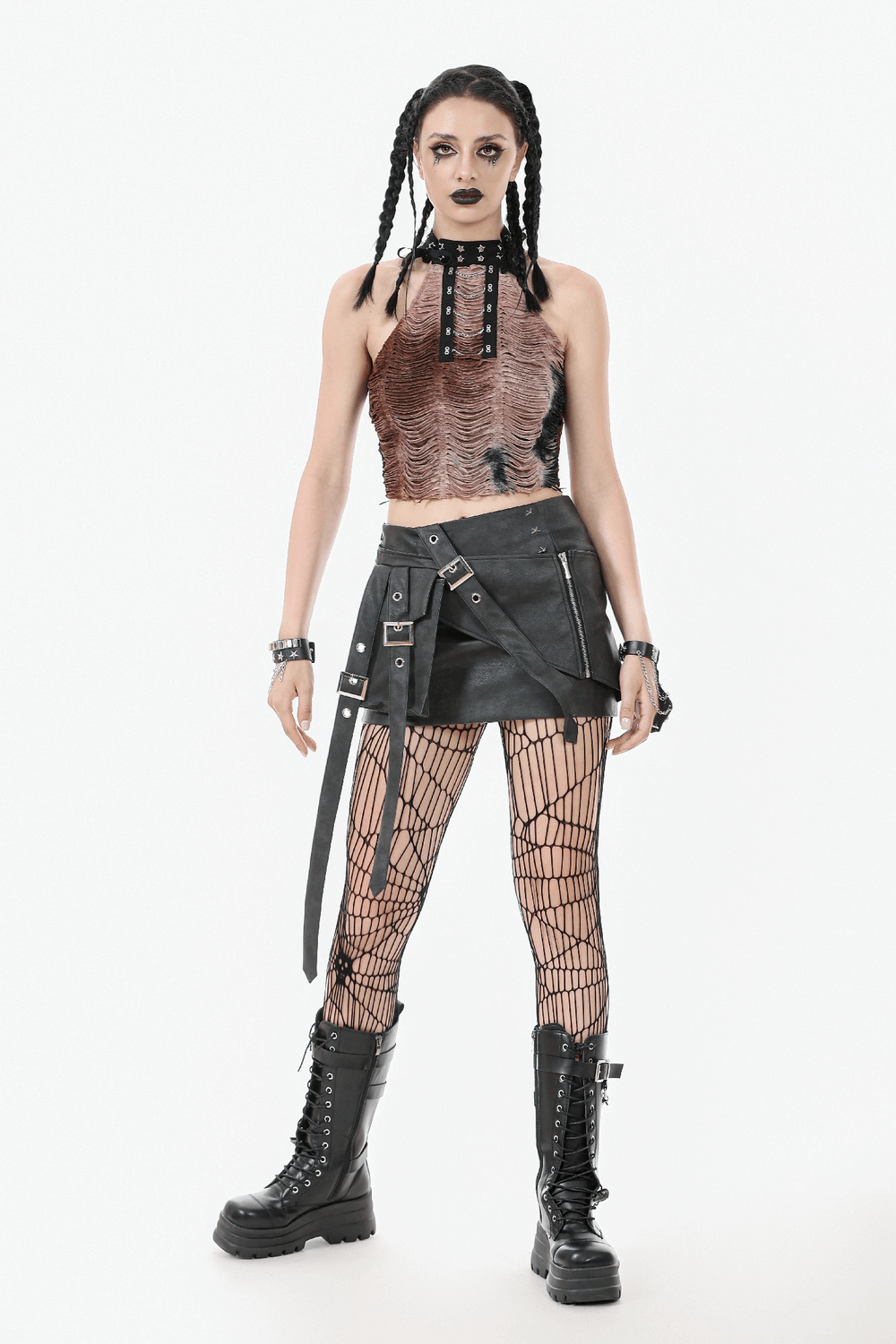 Black Punk Mini Skirt in Faux Leather with Strap Belts