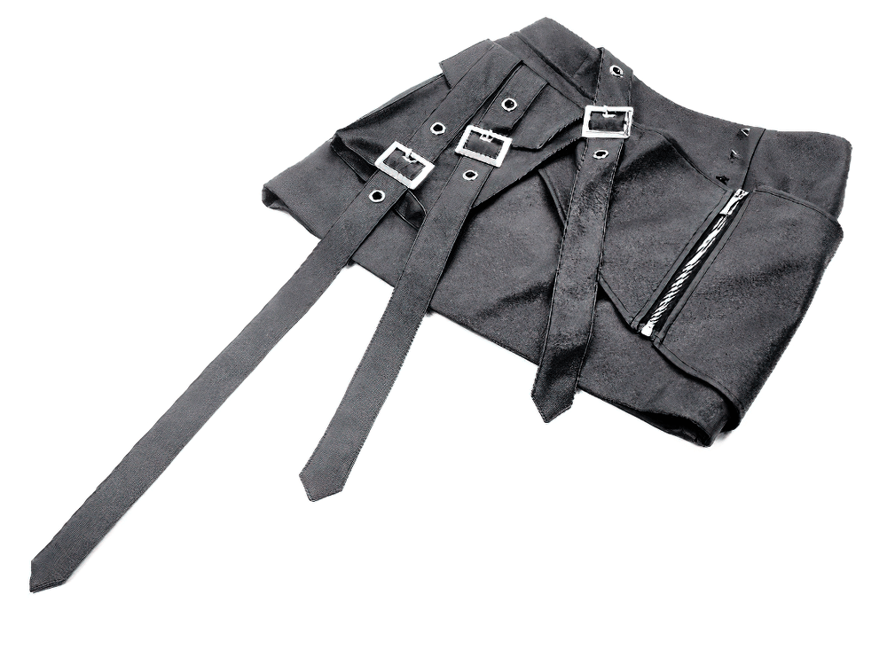 Black Punk Mini Skirt in Faux Leather with Strap Belts